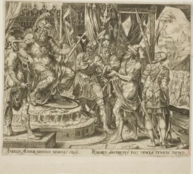 Achior bønfalder Holofernes for israelitterne, plade en fra Historien om Judith og Holofernes