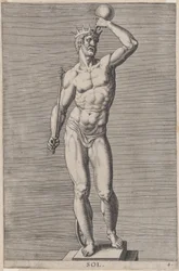 Plade 4: Apollo, statue af den nøgne gud, der står på en sokle, iført en krone og holder en..., 1586.