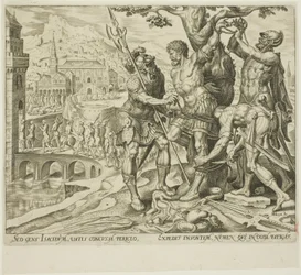 Israelitterne finder Achior bundet til et træ, plade to fra historien om Judith og Holofernes