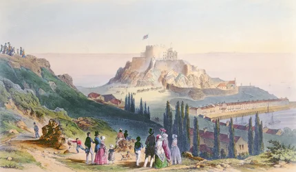 Hendes Majestæts ankomst til Mount Orgueil, 3. september 1846, fra Dronning Victorias besøg på Jersey, graveret af H. Walter, 1847