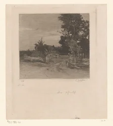 Gård på en landevej med træer Village (original titel)