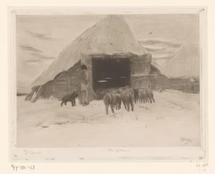 Hyrde fører en flok får ind i en lade Grange dans la neige (original titel)