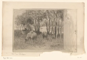 Fjord af får og hyrde på en eng med træer Moutons (original titel)