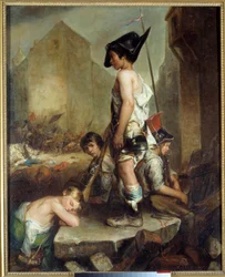 Julirevolutionen: "Les Trois Glorieuses: les petits patriotes"" Young oprør på barrikaderne i Paris. Maleri af Philippe Auguste Jeanron (1809-1877) 1830 Caen. Museum for Skønne Kunster