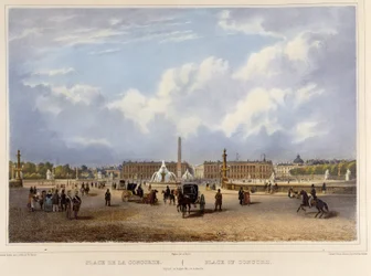 Place de la Concorde (obelisk) - i ""Gå i Paris og dens omgivelser"", designet af Jacottet og Benoist, ca. 1840