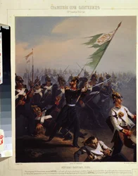 Slaget ved Oltenitza, 4. november 1853 (Slaget ved Oltenitza den 4. november 1853). Tegning af Philippe Benoist (1813- efter 1879)