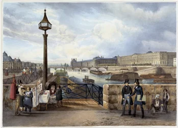 Louvre fanget fra Pont Neuf - i "" Promenade dans Paris et ses environs", designet af Jacottet og Benoist, ca. 1840
