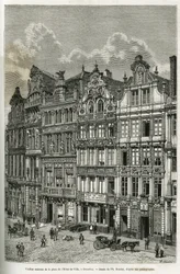 Gamle huse på rådhuspladsen i Bruxelles. Indgravering af Ph. Benoist, for at illustrere historien om Belgien af Camille Lemonnier, udgivet i tour du monde under ledelse af Edouard Charton (1807-1890), Paris
