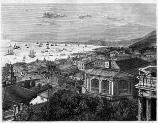 Udsigt over Hong Kong-bugten. Gravering efter en tegning af Benoist, i "" Le Tour du Monde, Nouveau journal des Voyages", redigeret af Edouard Charton, Paris
