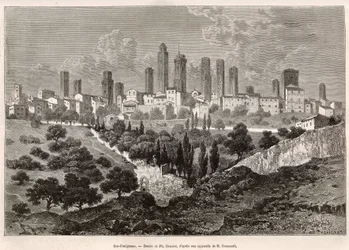 Udsigt over San Gimignano (Toscana, Italien). Gravering efter tegning af Ph. Benoist, til illustration af Francis Weys rejse til Toscana og Umbrien i 1875, offentliggjort i "Le tour du monde" 1876, redigeret af Edouard Charton, Hachette edition, Paris. Sel