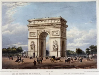 Triumfbuen - i ""Gå i Paris og dens omgivelser"", designet af Jacottet og Benoist, ca. 1840