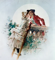 Ømt kys. Galant scene, der forestiller et par, som kysser i måneskinnet. Litografi ved Philippe Jacques Linder (1835-?). Det 19. århundrede. Privatsamling