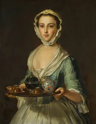 En ung kvinde holder en tebakke muligvis Hannah, kunstnerens stuepige.