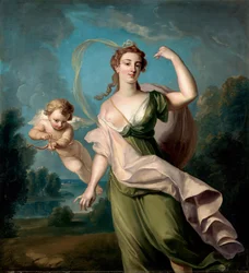 Kærlighedens gudinde (Afrodite eller Venus). En Amor ledsager hende med bue og pil. Maleri af Philippe Mercier (1689-1760). Olie på lærred. Størrelse: 162,5x149,9 cm Privat samling