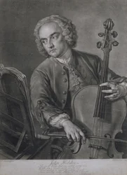 Portræt af John Hebden (fl.1740-60), en cellist i Händels orkester, indgraveret af John Faber (1684-1756), 1741