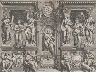 Allegorisk afhandlingstryk med forskellige figurer, sat i en arkitektonisk struktur, 1608.