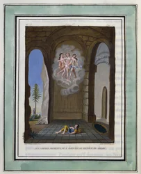 Nymferne lover Daphnis, at Chloe kommer tilbage. Tegning af Philippe d
