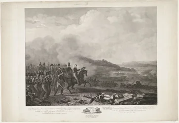 Prins af Orange, der leder de hollandske tropper i slaget ved Quatre-Bras, 1815 Hans Kongelige Højhed William, George, Frederik, Lodewijk Kronprins af Kongeriget Holland i spidsen for hollænderne mod den franske hær af Quatre-B
