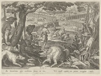 Drijfjacht op zwijnen Jachttaferelen (serietitel) hvor enhver slags jagt, fuglefangst og fiskeri (serietitel)