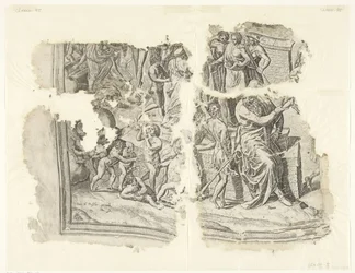 Nederste venstre hjørne af et print af scenen af ​​Cebes Tabula Cebetis Carta Vitae (original titel)