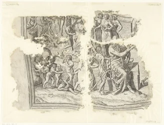 Nederste venstre hjørne af et print af scenen af ​​Cebes Tabula Cebetis Carta Vitae (original titel)
