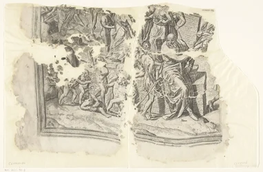 Nederste venstre hjørne af et print af scenen af ​​Cebes Tabula Cebetis Carta Vitae (original titel)