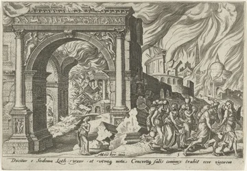 Loth og hans familie forlader byen Sodoma The Days of Doom of the Jewish People (serietitel)