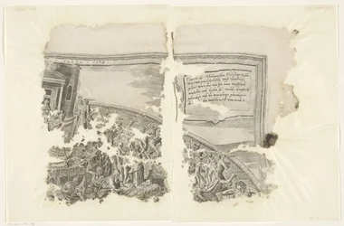 Øverste højre hjørne af et print af scenen af ​​Cebes Tabula Cebetis Carta Vitae (titel på objekt)