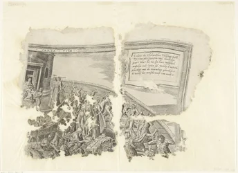 Øverste højre hjørne af et print af scenen af ​​Cebes Tabula Cebetis Carta Vitae (titel på objekt)