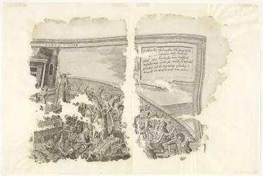 Øverste højre hjørne af et print af scenen af ​​Cebes Tabula Cebetis Carta Vitae (titel på objekt)