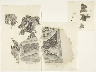 Nederste højre hjørne af et print af scenen af ​​Cebes Tabula Cebetis Carta Vitae (original titel)