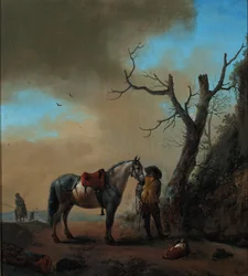 Landskab med en hvid hest og afmonteret rytter, c.1647