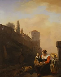 En bonde og to børn hviler foran et tårn i Italien (olie på lærred)