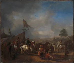 Et hestemarked i nærheden af en militærlejr, ca. 1665-1668 (olie på panel)