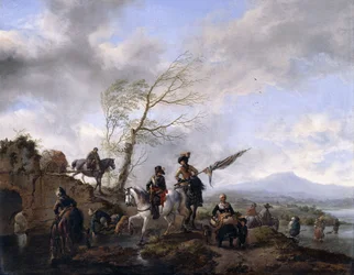 Et omfattende flodlandskab med soldater og en fanebærer, der vander deres heste,