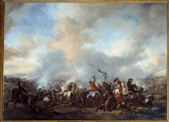 Stor kamp mellem ryttere og infanterister Maleri af Philips Wouwerman (1619-1668) 1600-tallet søn. 0,99x1,35 m