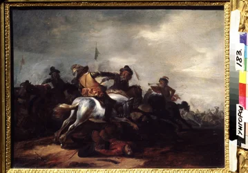 En kamp. Maleri af Philips Wouwerman (1619-1668). Olie på træ, 31 x 41 cm. flamsk kunst, barokkunst. Regionalt kunstmuseum, Uzhgorod (Ukraine).