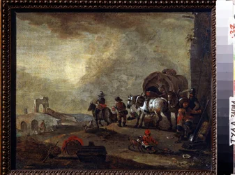 Rejsende på vej. Maleri af Philips Wouwerman (1619-1668). Olie på lærred, 33,5 x 41,5 cm. flamsk kunst, barokstil. Statens kunstmuseum, Tula (eller Tolan), Rusland.