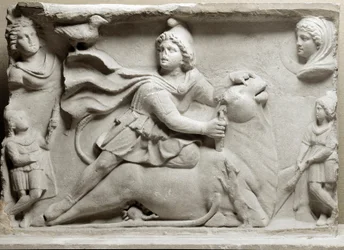 Fønikiernes civilisation: offerscene, der skildrer den guddommelige Mithra (Mythra eller Mithra) forbryder tyren. 2. eller 3. århundrede e.Kr. Marmor reliefstrømper. Paris, Louvre-museet