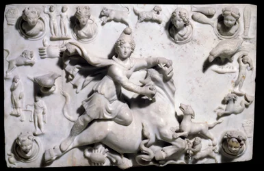 Orientalske antikviteter: Mithra dræber tyren (kommer fra Mithraeum i Sidon). Lavrelief marmor fra Sayda, 2.-3. århundrede (græsk-romersk periode, det fønikiske rige). Paris, Louvre-museet
