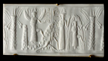 Fønikisk civilisation: vandguden siger segl om "" Forårets fødsel"". 2200 f.Kr. Fra Tello. Paris Louvre Museum