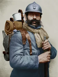 Portræt af en fransk soldat i militæruniform, Første Verdenskrig (farvefoto)