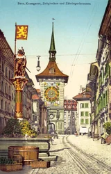 Zytglogge-klokketårnet og Zahringerbrunnen-fontænen, Kramgasse, Bern Schweiz (farvefoto)