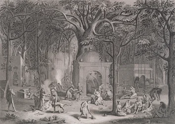 Hindu Fakirs Practicing their Superstitious Rites, graveret af Bell, fra World Religion, udgivet af A. Fullarton & Co.