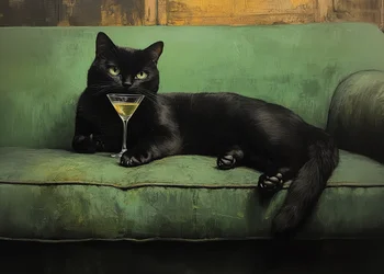 Hvilende kat, grøn sofa, Martini 001