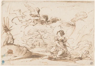 The Angel Appearing to Hagar and Ishmael in the Wilderness, ca. 1645 (pen og brunt blæk med brun vask på lagenpapir)