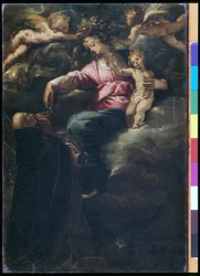 Madonna fra rosenkransen med Kristusbarnet, St. Dominic og to engle, ca. 1617 (olie på lærred)