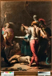 Johannes Døberens Dekollation (Halshugning af Johannes Døberen) Helgenens hoved er placeret på et plateau - Maleri af Pier Francesco Mazzuchelli dit il Morazzone (1573-1626) Musei di Strada Nuova Genes (inv n PB 2813)