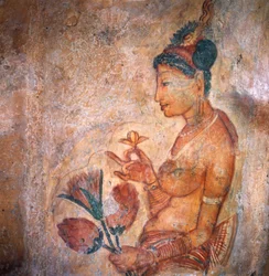 Apsaras, himmelsk nymfe, der byder på blomster, fresco, befæstet citadel i Sigiriya (UNESCOs verdensarvsliste