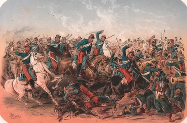Kampscene, Krimkrigen, farvelitografi, 29 x 20 cm, fra Episoder fra Orientkrigen, Imprimerie et Jacomme Lemercier, forlag, Paris